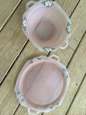 Anchor Hocking Mayflower pink frosted depression glass bowl and serving platter.